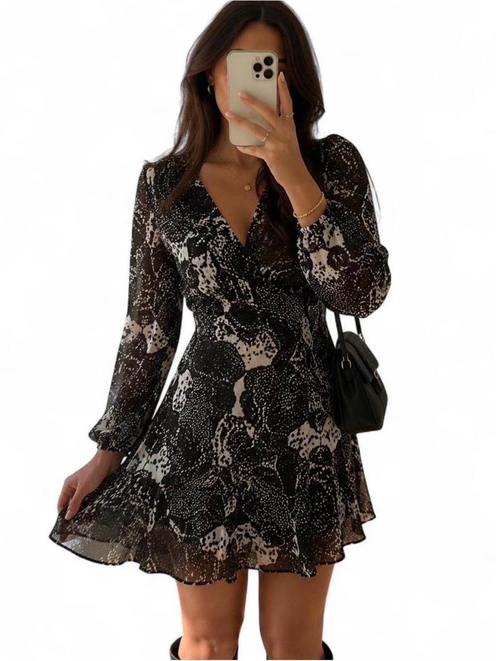 Topshop Black & White Chiffon Floral Mini Dress Size 6